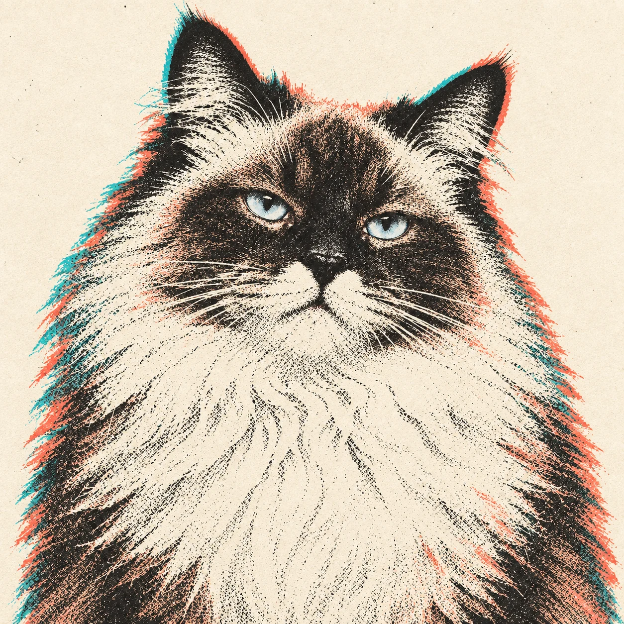 A skeptical Neva Masquerade cat rendered like an editorial screen print